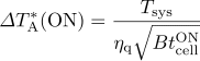 {\mit\Delta}T_{\rm A}^*({\rm ON}) = \frac{T_{\rm sys}}{\eta_{\rm q}\sqrt{B t_{\rm cell}^{\rm ON}}}